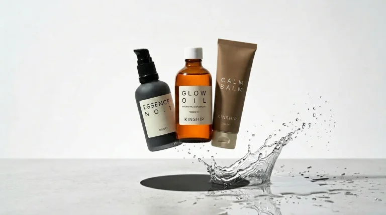 grouped cosmetics with water splash bg